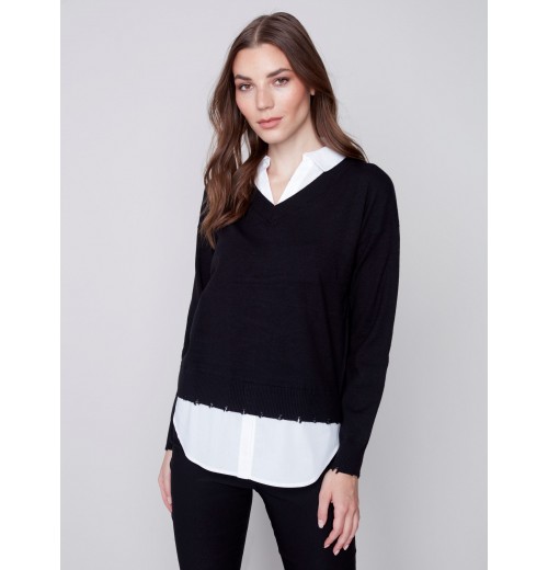 V-Neck Sweater with Shirt Collar - Black