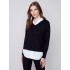 V-Neck Sweater with Shirt Collar - Black